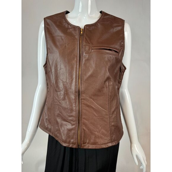 Ellen Kreager Brown Leather Womens Vest With Front Zipper & Chest Pocket Large - Picture 1 of 16